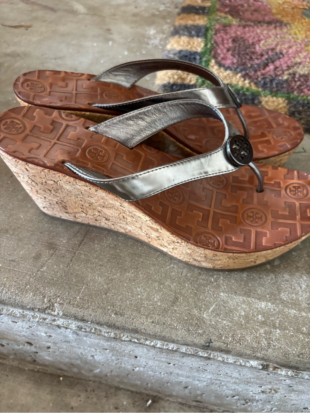 Tory Burch Metallic Bronze Cork Wedge Thong Sandals